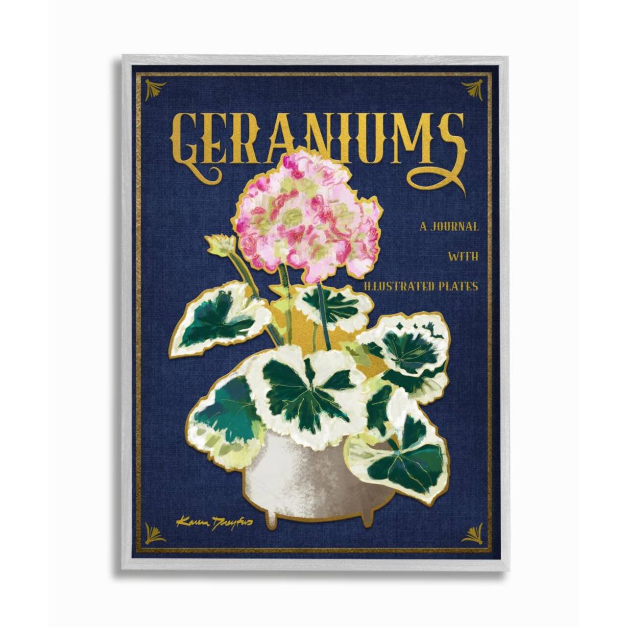 Stupell Industries Geraniums Blue Gold Flower Word Design in Gray Frame Wall Art